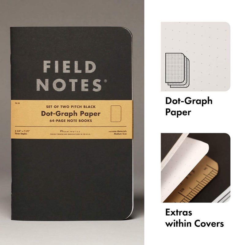 Field Notes 2-Pack Pitch Black Notebooks (4.75" X 7.5"), Dot-graph, 64 Pages | Thin Pocket Sized EDC Notebook With 90 GSM Paper & Paperback Cover | Work Notebooks For Note Taking | Made in the USA - Image 2